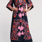 Charming Peacock Embroidery Split V-Neck 3/4 Sleeve Caftan