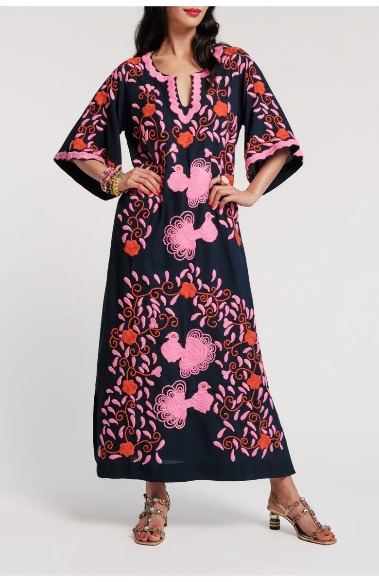 Charming Peacock Embroidery Split V-Neck 3/4 Sleeve Caftan