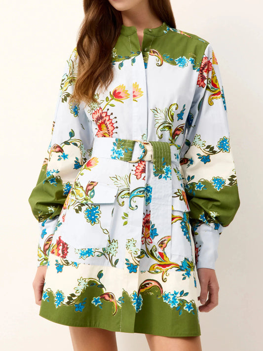 Printed Long Sleeve Mini Shirt Dress