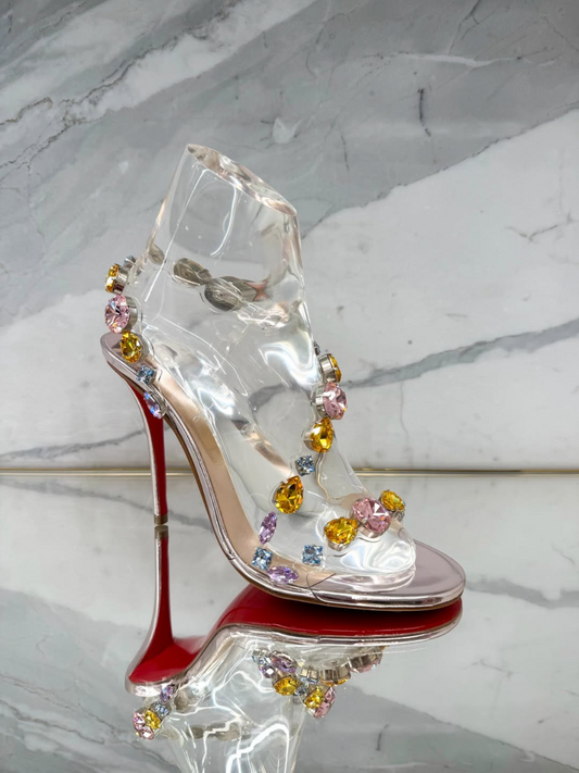 Women's Clear Transparent High Heel Sandals with Multicolor Rhinestones