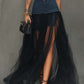Black Denim Patchwork T-Shirt And Mesh Maxi Skirt Set With Side Slit