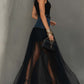 Black Denim Patchwork T-Shirt And Mesh Maxi Skirt Set With Side Slit