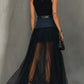 Black Denim Patchwork T-Shirt And Mesh Maxi Skirt Set With Side Slit