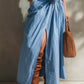 White Cotton Sleeveless Shirt And Blue 3D Floral Slit Skirt Set