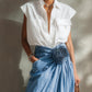 White Cotton Sleeveless Shirt And Blue 3D Floral Slit Skirt Set