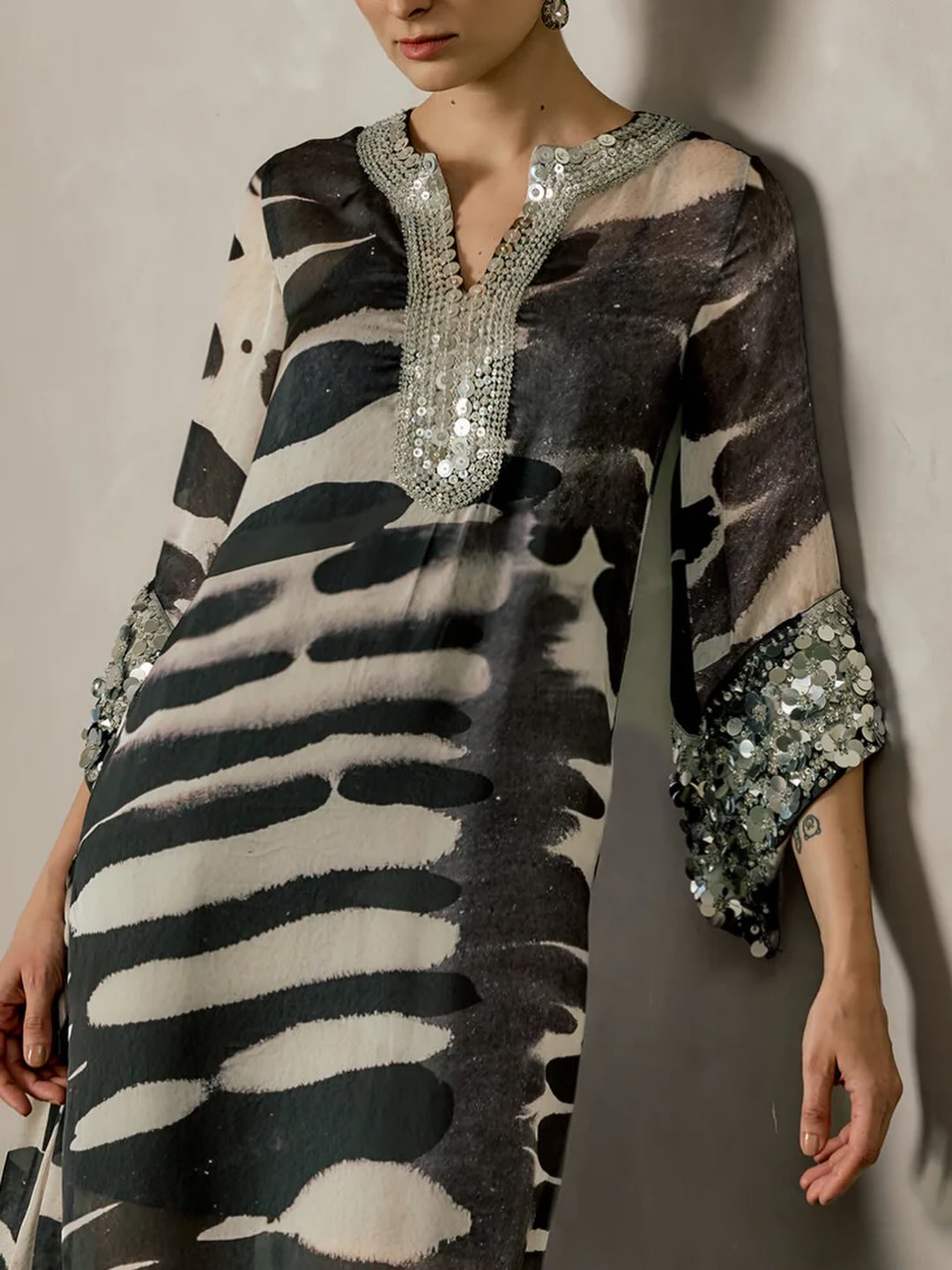 Silver Sequin Trimmed Abstract Kaftan Dress