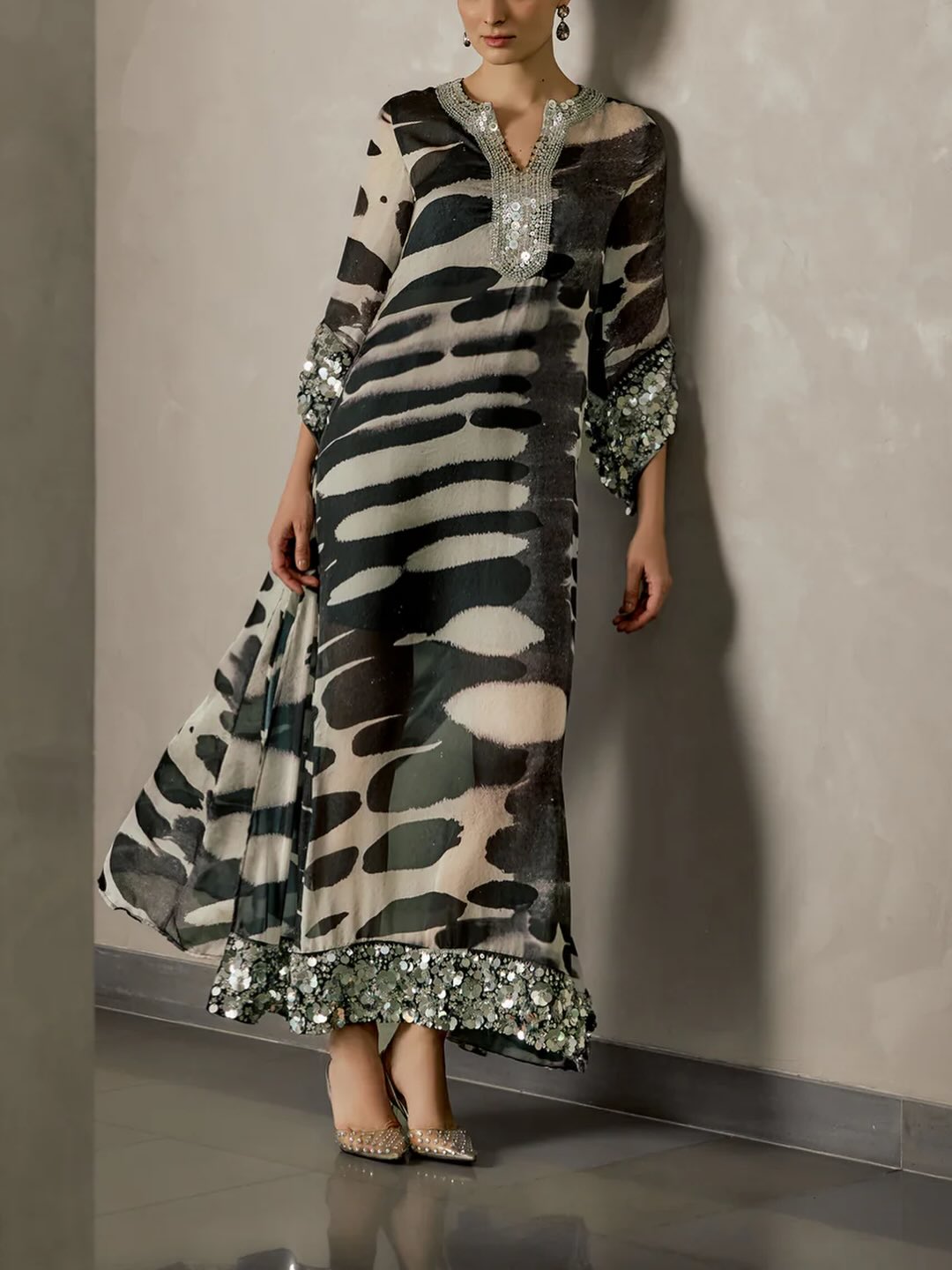 Silver Sequin Trimmed Abstract Kaftan Dress