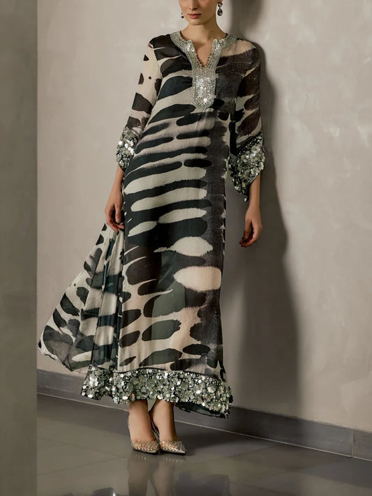 Silver Sequin Trimmed Abstract Kaftan Dress