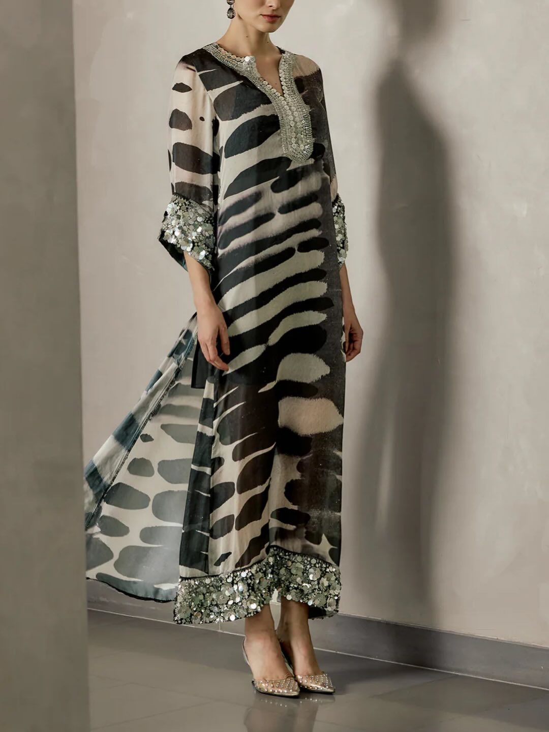Silver Sequin Trimmed Abstract Kaftan Dress