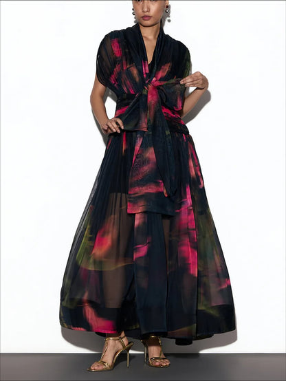Tie-Wrap Chiffon Abstract Print Long Dress