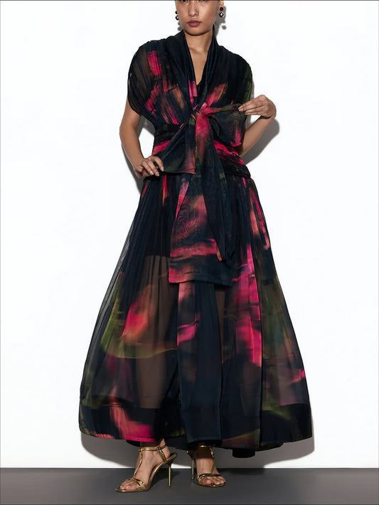 Tie-Wrap Chiffon Abstract Print Long Dress