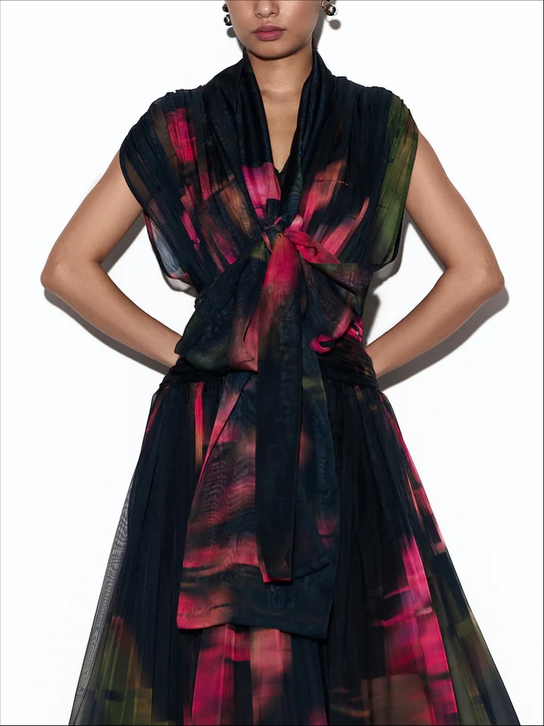 Tie-Wrap Chiffon Abstract Print Long Dress