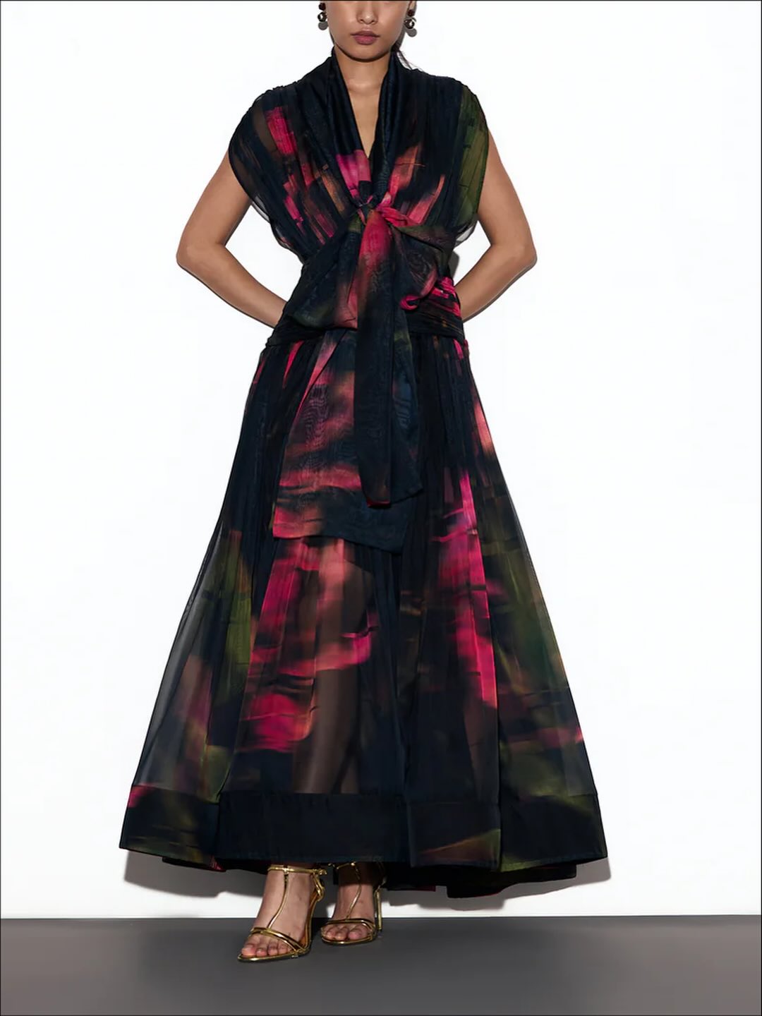 Tie-Wrap Chiffon Abstract Print Long Dress