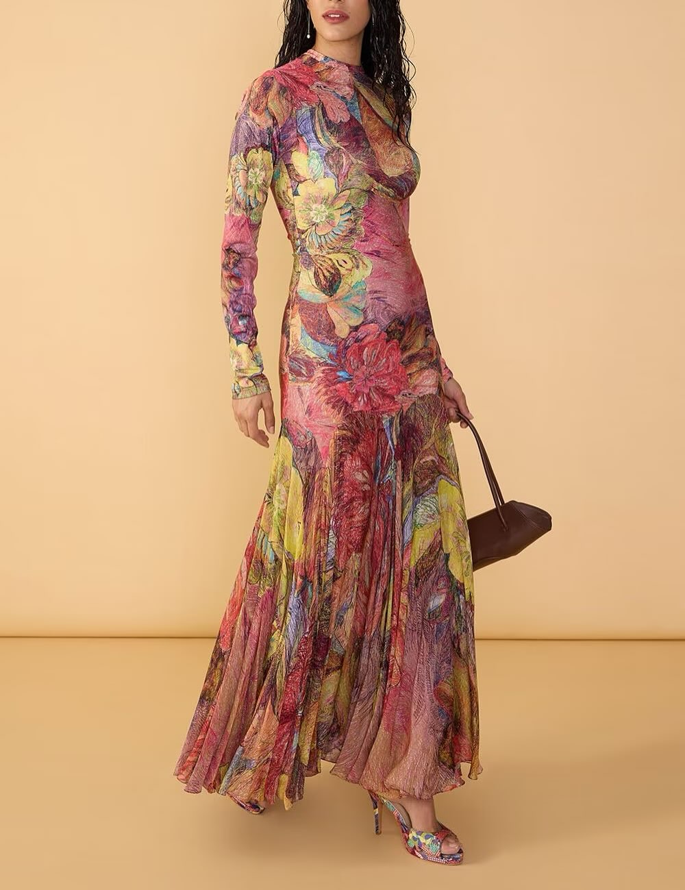 Vibrant Floral Print Long Sleeve Mesh Dress