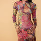 Vibrant Floral Print Long Sleeve Mesh Dress