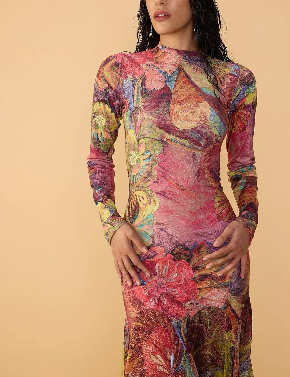 Vibrant Floral Print Long Sleeve Mesh Dress