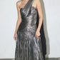 Silver Metallic Pleated One-Shoulder Evening Dress