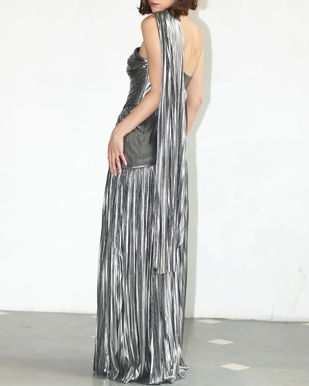 Silver Metallic Pleated One-Shoulder Evening Dress
