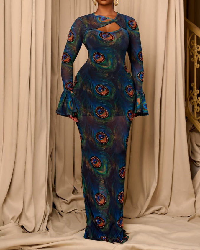 Chic Peacock Feather Print Mesh Maxi Dress