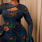 Chic Peacock Feather Print Mesh Maxi Dress