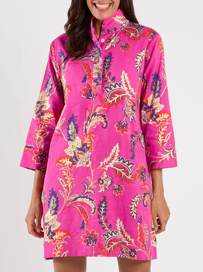 Cotton Stand Collar 3/4 Sleeve Mini Dress