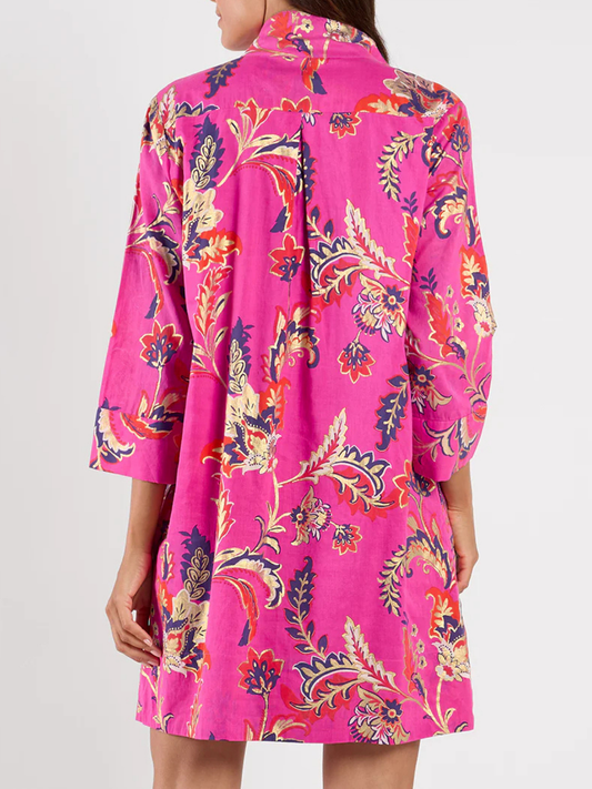 Cotton Stand Collar 3/4 Sleeve Mini Dress