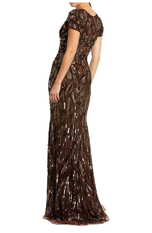Beaded V-neck Gown in Mesh