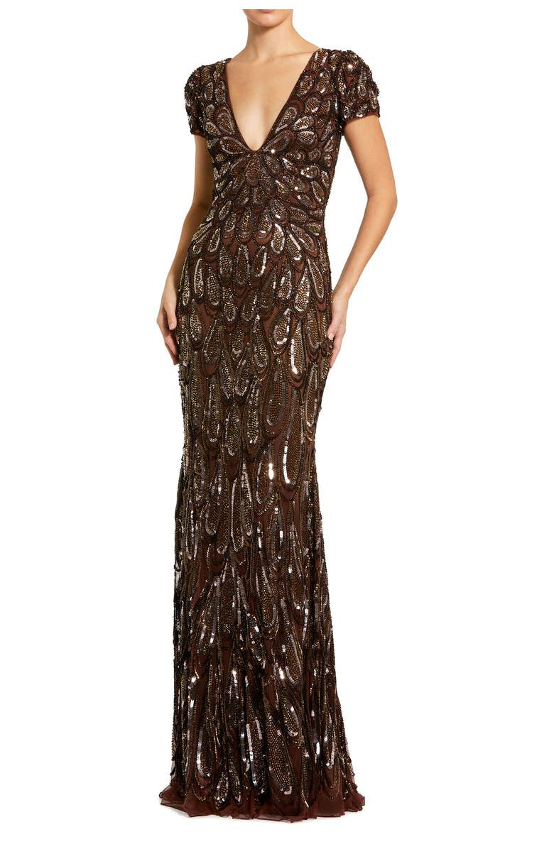 Beaded V-neck Gown in Mesh