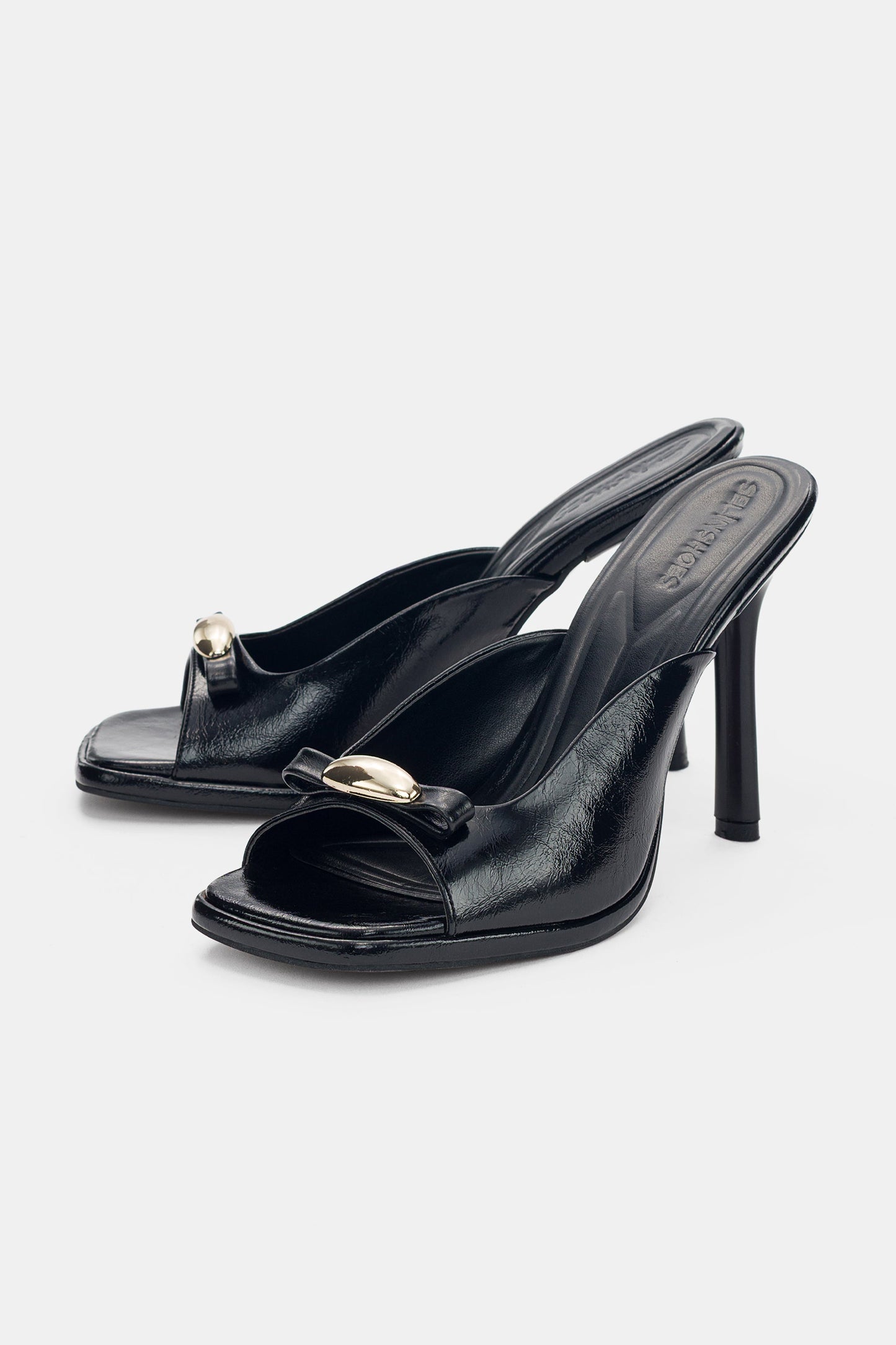 Women's Open-Toe Gold Metal Accent Stiletto Mules