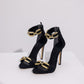 Women's Gold Chain-Embellished Black Suede Stiletto Sandals