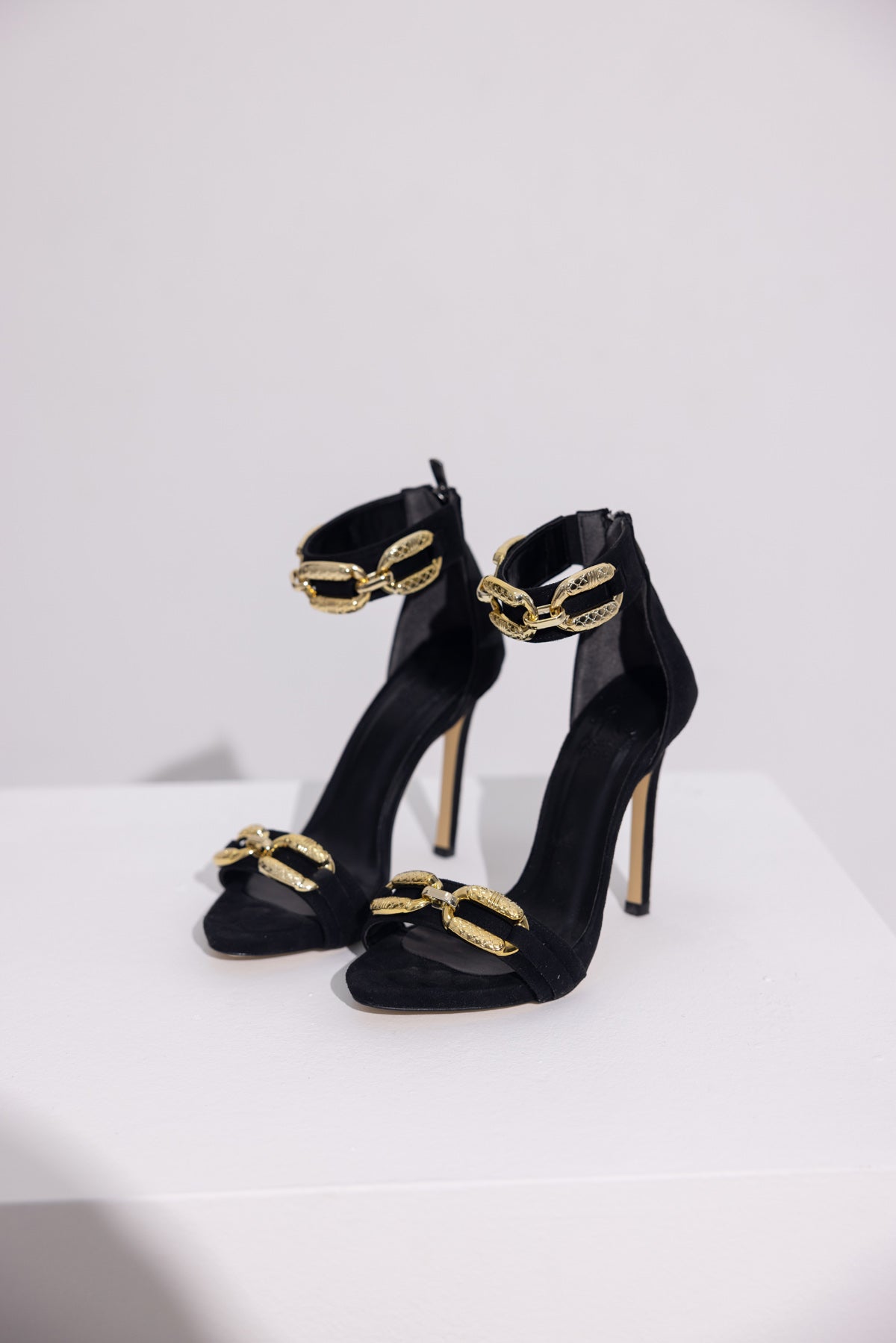 Women's Gold Chain-Embellished Black Suede Stiletto Sandals