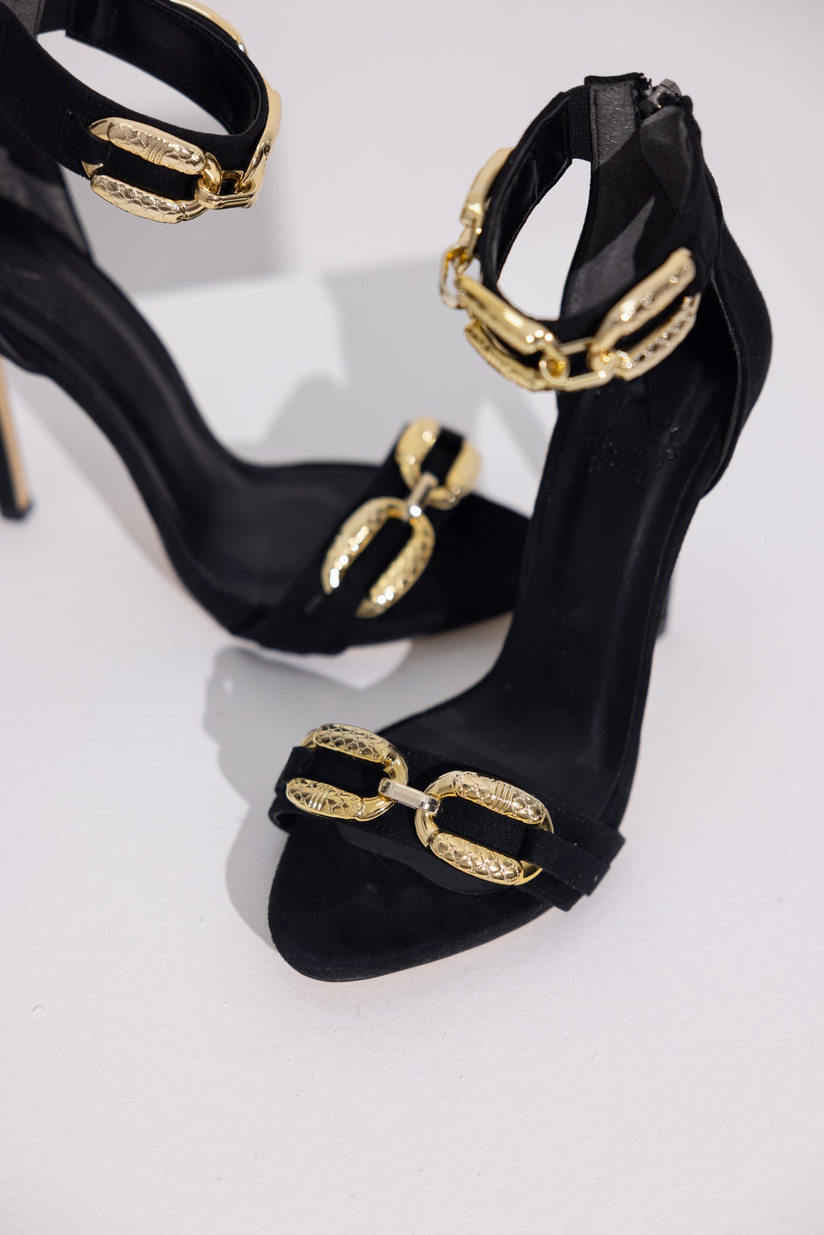 Women's Gold Chain-Embellished Black Suede Stiletto Sandals