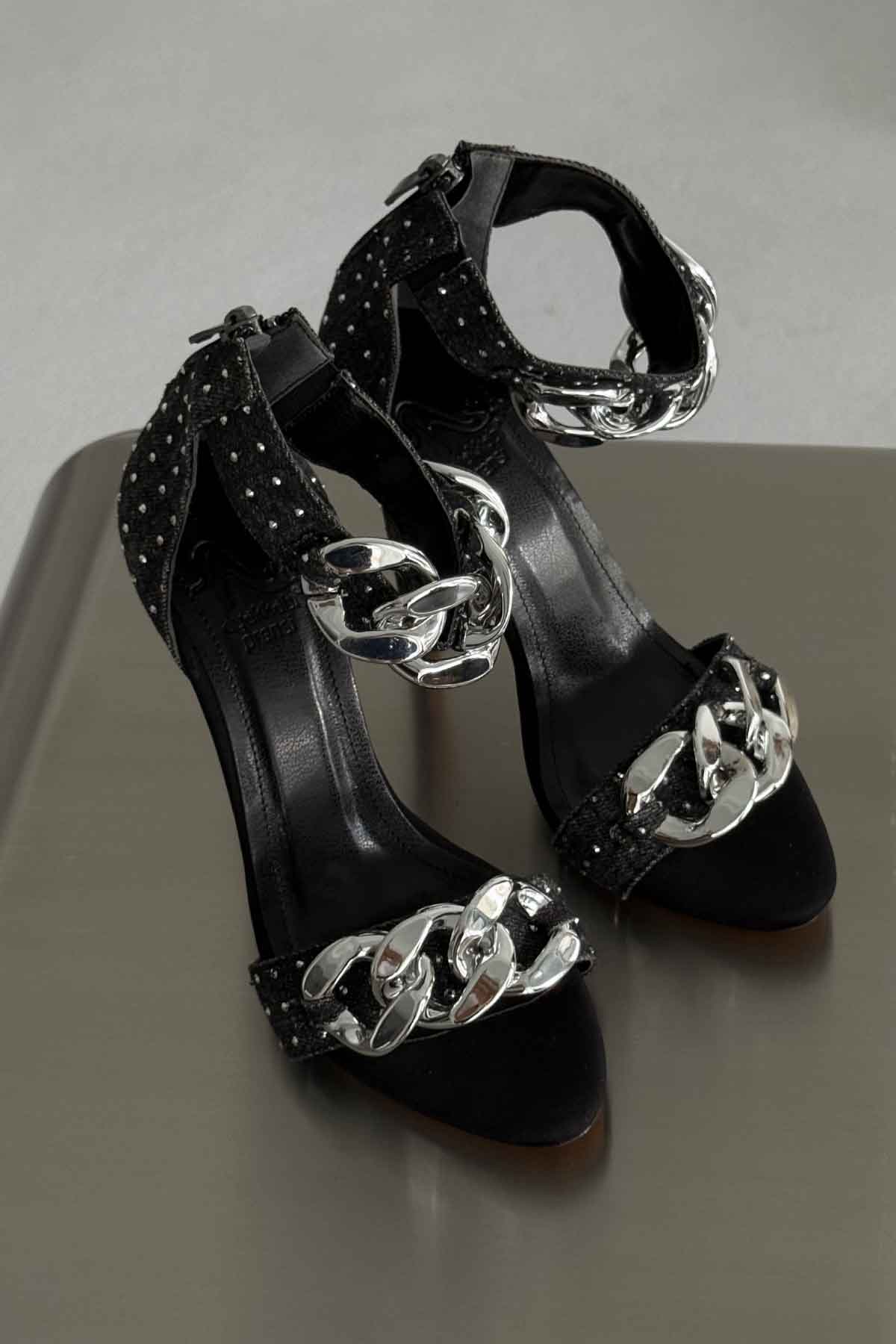 Women's Gold Chain-Embellished Black Suede Stiletto Sandals