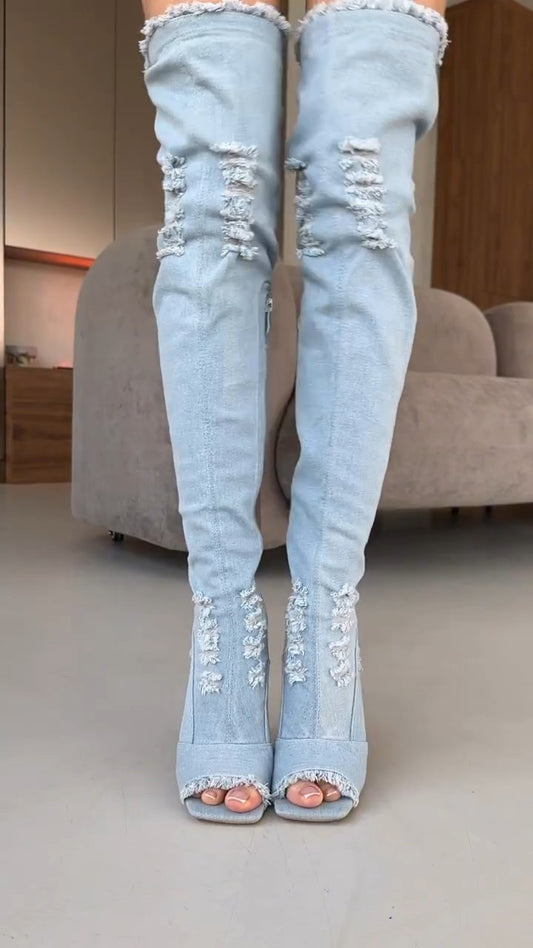 Women's Frayed Denim Cutout Back Peep-Toe Stiletto Thigh High Boots