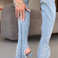Women's Frayed Denim Cutout Back Peep-Toe Stiletto Thigh High Boots