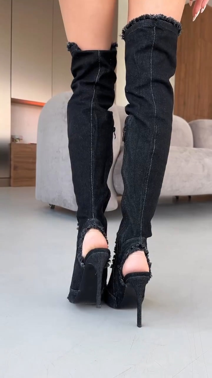 Women's Frayed Denim Cutout Back Peep-Toe Stiletto Thigh High Boots