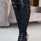 Women's Frayed Denim Cutout Back Peep-Toe Stiletto Thigh High Boots