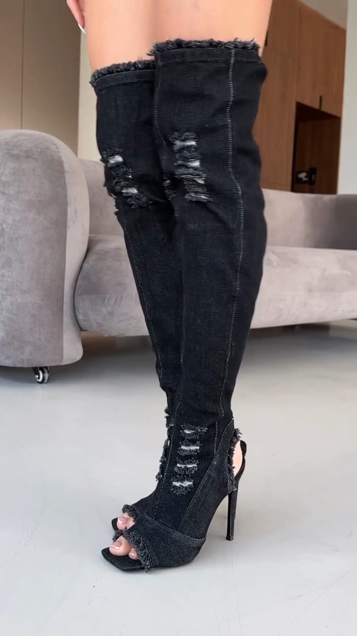 Women's Frayed Denim Cutout Back Peep-Toe Stiletto Thigh High Boots