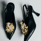 Satin Pearl & Crystal Embellished Pointed-Toe Slingback Mid Heels