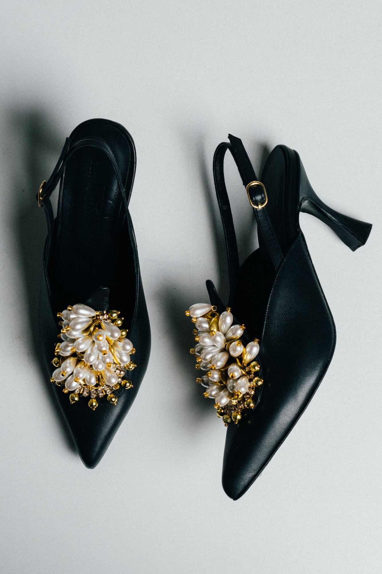 Satin Pearl & Crystal Embellished Pointed-Toe Slingback Mid Heels