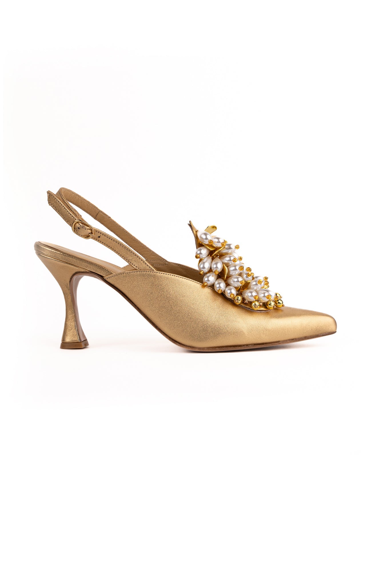 Satin Pearl & Crystal Embellished Pointed-Toe Slingback Mid Heels