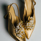 Satin Pearl & Crystal Embellished Pointed-Toe Slingback Mid Heels