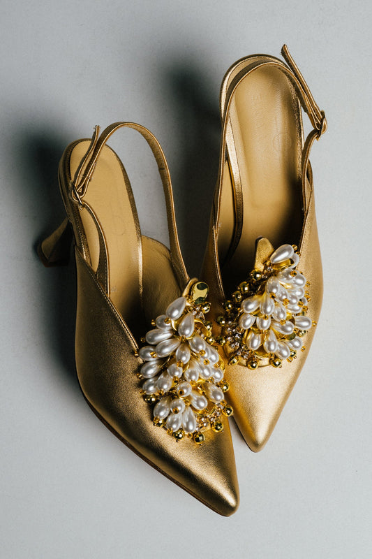 Satin Pearl & Crystal Embellished Pointed-Toe Slingback Mid Heels