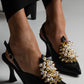 Satin Pearl & Crystal Embellished Pointed-Toe Slingback Mid Heels