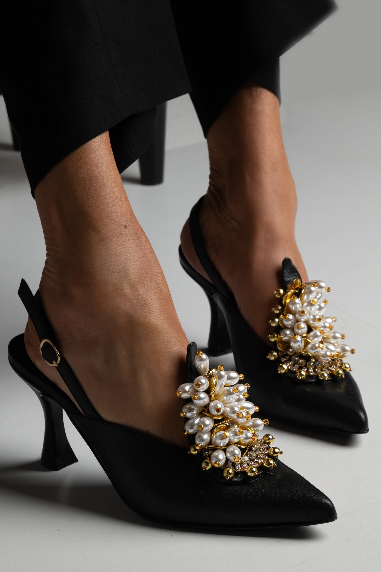 Satin Pearl & Crystal Embellished Pointed-Toe Slingback Mid Heels
