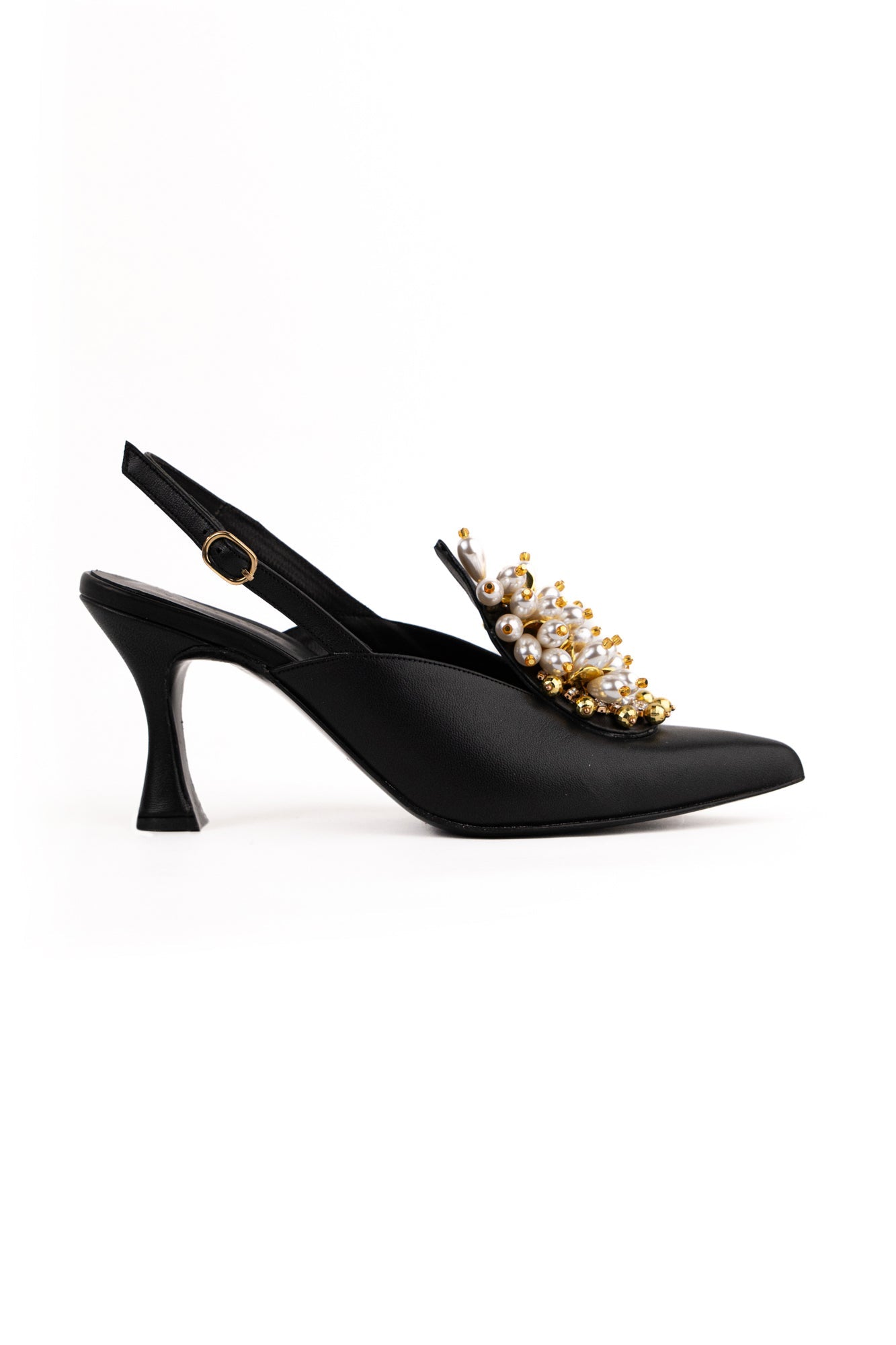Satin Pearl & Crystal Embellished Pointed-Toe Slingback Mid Heels
