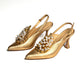 Satin Pearl & Crystal Embellished Pointed-Toe Slingback Mid Heels