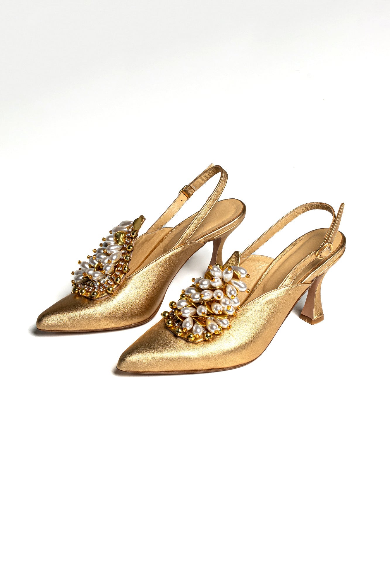 Satin Pearl & Crystal Embellished Pointed-Toe Slingback Mid Heels