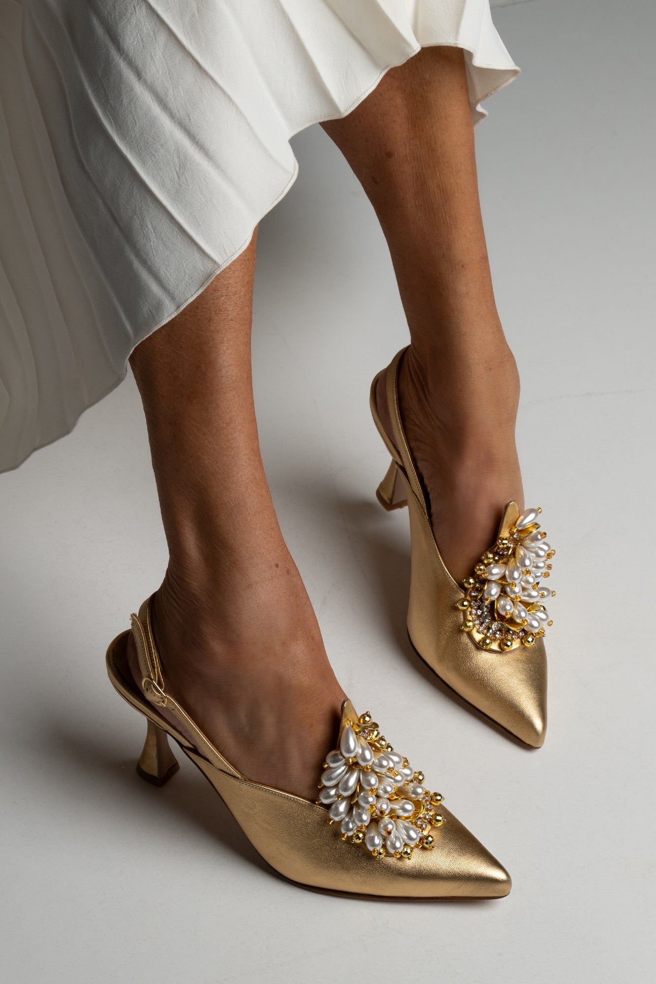 Satin Pearl & Crystal Embellished Pointed-Toe Slingback Mid Heels