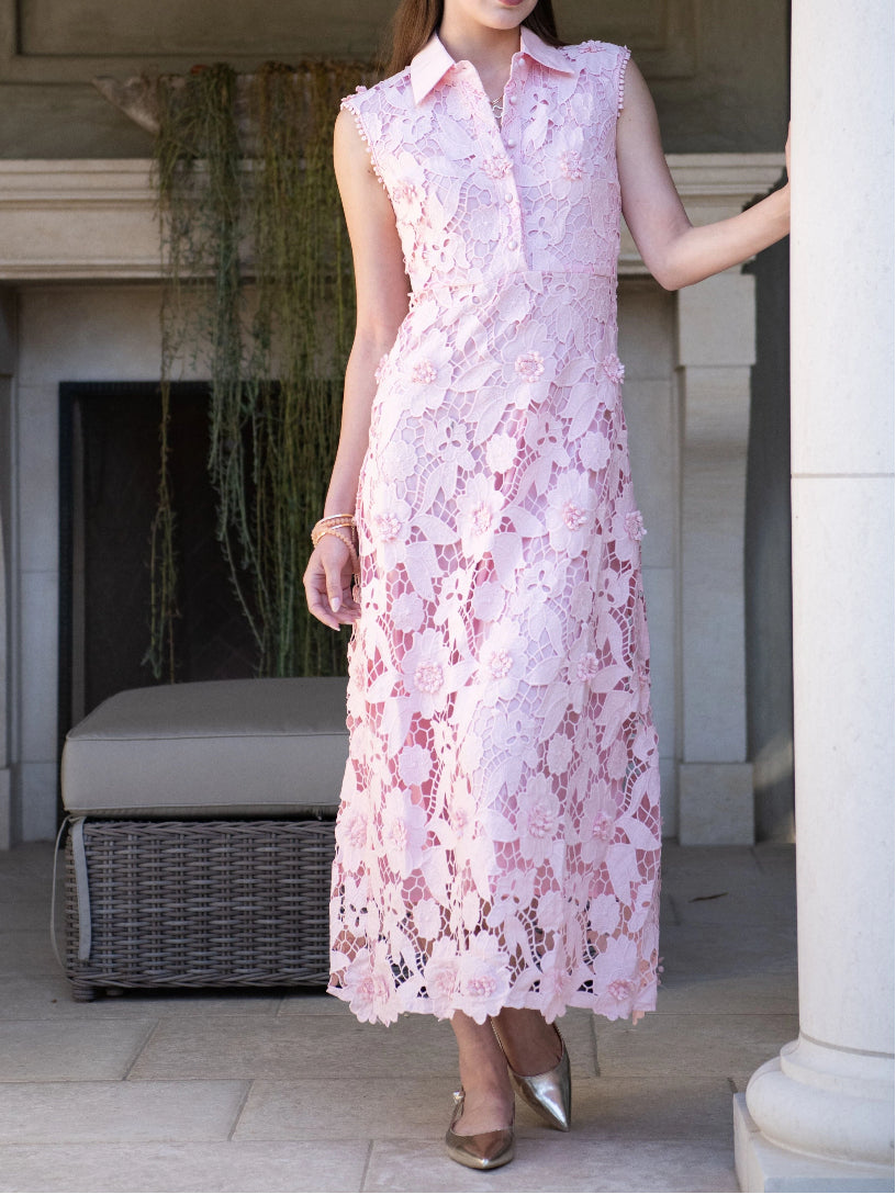 Light Pink Collared Floral Lace Maxi Dress
